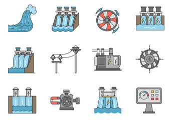 Clean Energy Icons Hydroelectric Power and Sustainable Energy Generation