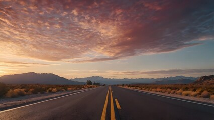 Fototapeta premium Straight open road leading to distant mountains under colorful sunset sky symbolizing travel freedom and adventure