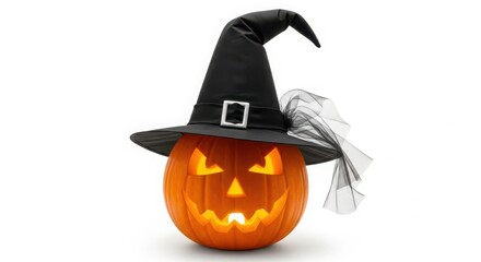 Scary halloween pumpkin jackolantern wearing a witch hat isolated on white background