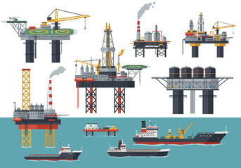 Oil Rig and Ship Vector Set Offshore Platform Illustration © Miu Studio