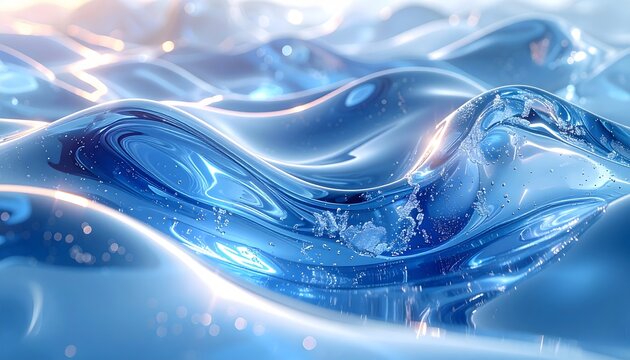 Abstract liquid waves frozen mid-motion, glass-like reflections, icy blue highlights