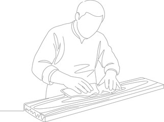 Line Art Outline Carpenter Working On Wood Plank Construction Industry