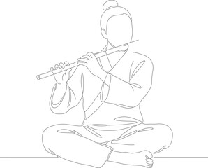 Minimalist Outline Sketch Musician Playing Flute Sitting in Lotus Position Illustration