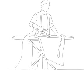 Minimalist Outline Style Man Ironing Clothes on Ironing Board Illustration
