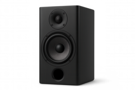 Black studio monitor offering high-quality sound for mixing, mastering, or listening, isolated on a transparent background