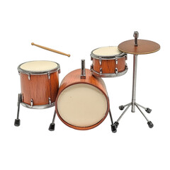 Obraz premium Miniature drum set, wood grain finish, with stick, isolated on black
