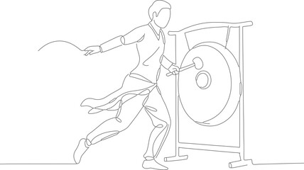 Continuous Line Art Gong Instrument Player Asian Traditional Musical Illustration