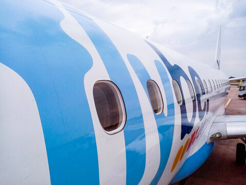 Belfast, UK, July, 2019. Closeup of external view of Flybe airplane at Belfast City Airport.