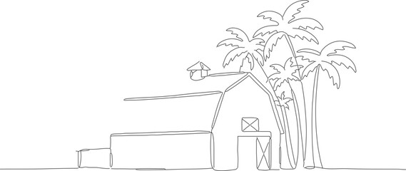 Simple Outline Barn House with Palm Trees Landscape Illustration