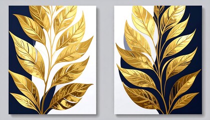 Two-panel artwork depicting gold leaf branches and navy blue background