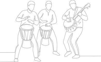 Continuous Line Drawing Musicians Playing Drums and String Instrument Illustration