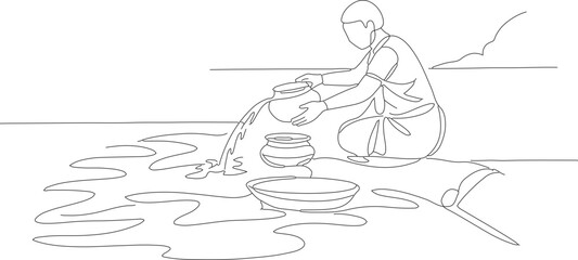 Simple Outline Drawing Person Pouring Water from Pot Illustration