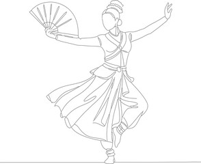 Lineart Detailed Dancing Woman Holding Fan Silhouette Asian Dancer
