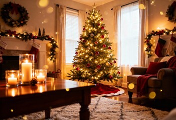 Cozy Christmas Living Room with a Lit Tree