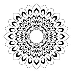 Elegant floral mandala coloring page with contrast shading, geometric lotus pattern for adults meditation, stress relief art therapy, printable relaxation design book sheet template background