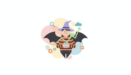 Halloween wizard character in bat wings with tablet symbolizing business growth  tech