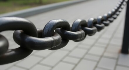 Naklejka premium Closeup of a thick, dark metal chain lying on a paved walkway