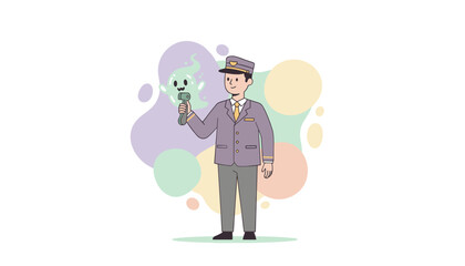 Man in uniform with a ghostcatching device interacts with a friendly spirit Paranormal job concept