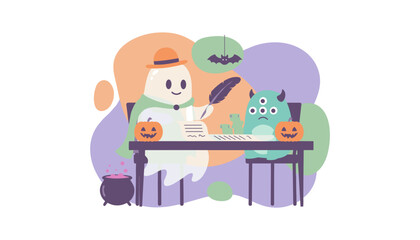 Friendly ghost and worried monster sign a Halloween business agreement at a desk with money