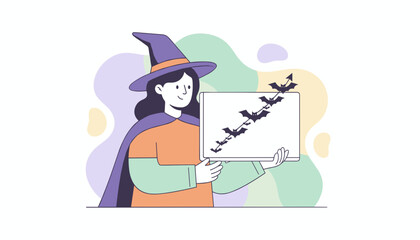 Smiling witch holding a sign with flying bats perfect for Halloween celebrations and promotions