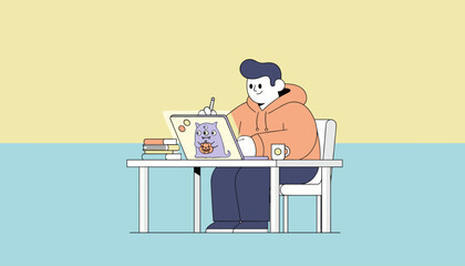 Happy person creating digital illustration on tablet Creative work art design study hobby