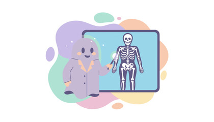 Friendly ghost doctor explaining human skeleton on screen for medical education or science