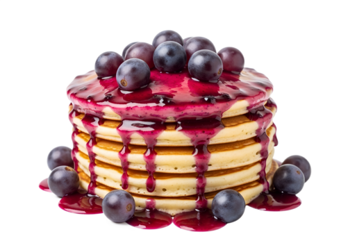 stack of pancakes with purple grape sauce and fresh whole grapes on the top