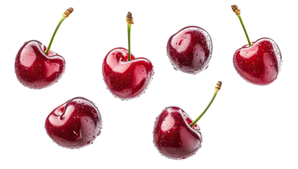 Six glossy, ripe cherries with stems and water droplets on black background