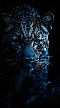 Close-up of elegant snow leopard pensively gazing with magnificent blue eyes, embodying natural strength, majesty and wisdom of predatory wild animal.