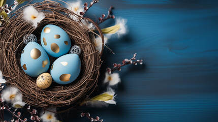 Background from different colored Easter egg in the nest on the wooden background