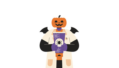 Playful Halloween character pumpkin head bat wings lab coat holding spider potion