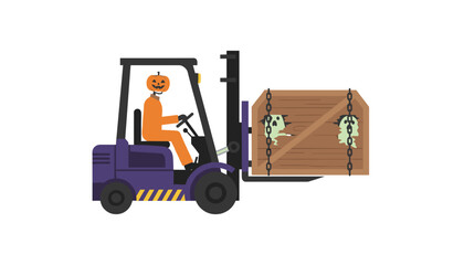 Spooky Halloween delivery pumpkinheaded driver in forklift carrying chained crate with monsters
