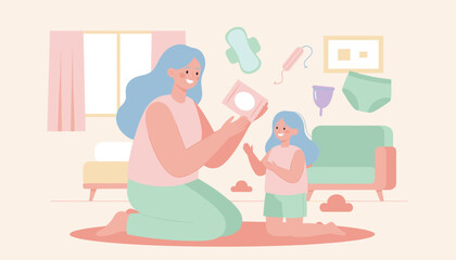 Mother and daughter happily discuss menstruation promoting open female health education at home