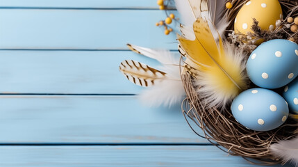 Background from different colored Easter egg in the nest on the wooden background