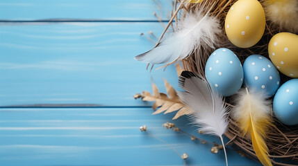 Background from different colored Easter egg in the nest on the wooden background