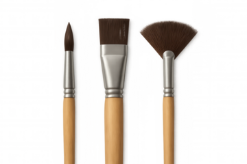 Artist paint brushes group for painting and drawing art supplies with wood handles and brown bristles, transparent background