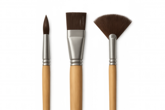 Artist paint brushes group for painting and drawing art supplies with wood handles and brown bristles, transparent background