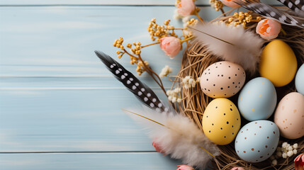 Background from different colored Easter egg in the nest on the wooden background