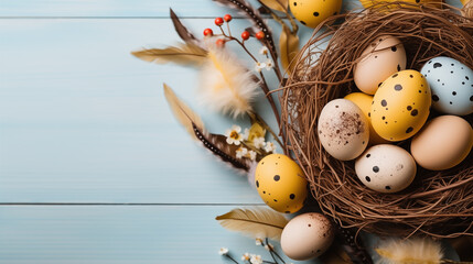 Background from different colored Easter egg in the nest on the wooden background