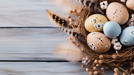 Background from different colored Easter egg in the nest on the wooden background