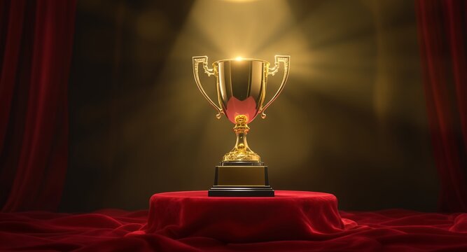 Golden Trophy on a Red Velvet Stage, Spotlight, and Achievement Concept - Powered by Adobe