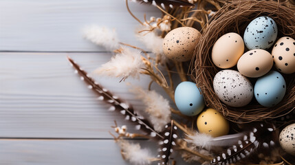 Background from different colored Easter egg in the nest on the wooden background