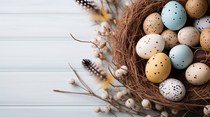 Background from different colored Easter egg in the nest on the wooden background