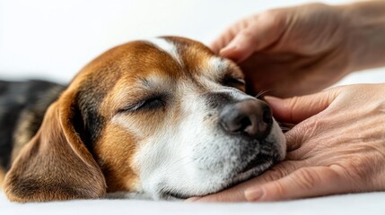 Beagle dog being petted with a loving hand on white background