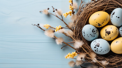 Background from different colored Easter egg in the nest on the wooden background