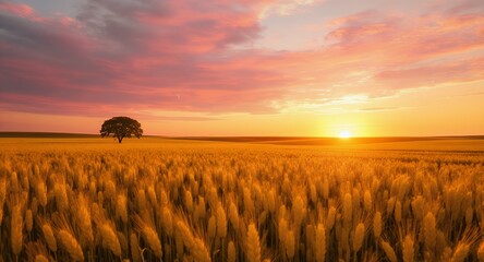 Golden Wheat Field at Sunset with a Lone Tree and Vibrant Sky