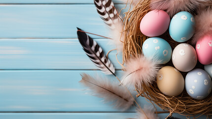Background from different colored Easter egg in the nest on the wooden background