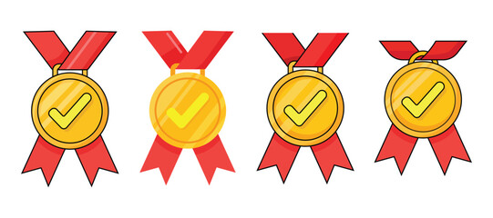 Four gold medals with red ribbons isolated on white background for award concept