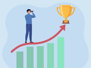 A man with binoculars stands on a rising arrow over a graph, looking at a trophy, symbolizing a vision for growth, ambition, and achieving success