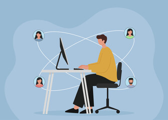 A man works remotely, connecting with his team through a digital network. This illustration visualizes online collaboration and virtual communication